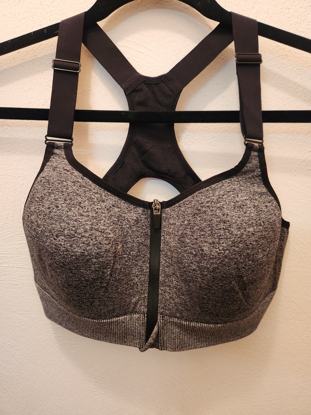 PINK Front-Zip Heathered Charcoal Racerback Sports Bra Size M